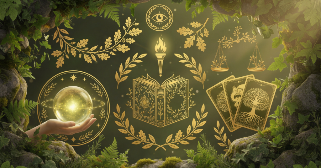 魔法書やカード、シンボルが描かれた神秘的なイラスト。恋占いを象徴するビジュアル